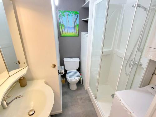 une petite salle de bain avec toilettes et douche dans l'établissement T2 rénové avec piscine, parking privé et à 200m des plages - FR-1-316-274, à Six-Fours-les-Plages