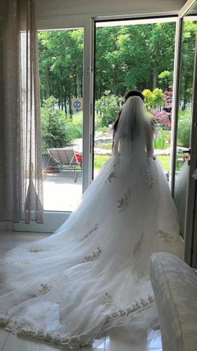 a woman in a wedding dress in front of a window at Pool & Garden Villa Lelia in Mirano
