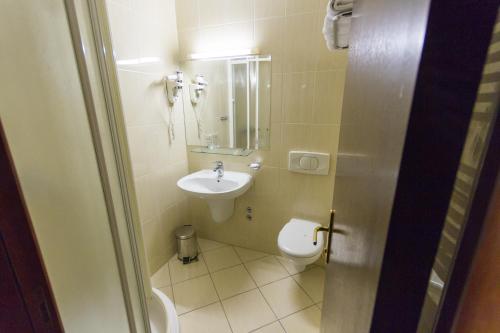 a small bathroom with a sink and a toilet at Hotel M3 in Sarajevo