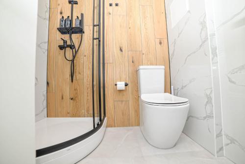 a bathroom with a toilet and a shower at Homly Nook in Rīga