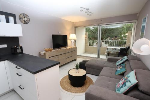 un salon avec un canapé et une télévision dans l'établissement St Cyprien Appartement terrasse a 2 minutes du port et de la plage, à Saint-Cyprien