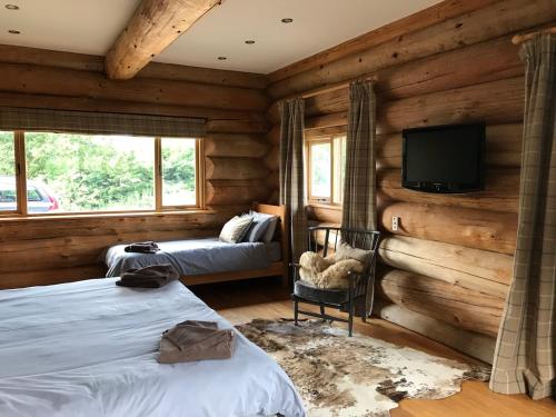 a bedroom with wooden walls and a tv and two beds at Fir Lodge in Kings Lynn