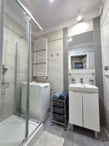 a bathroom with a shower and a toilet and a sink at Elegant & Cosy in Wrocław