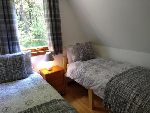 a bedroom with two beds and a lamp and a window at True North Lodge - A cosy wee highland Getaway in Spean Bridge