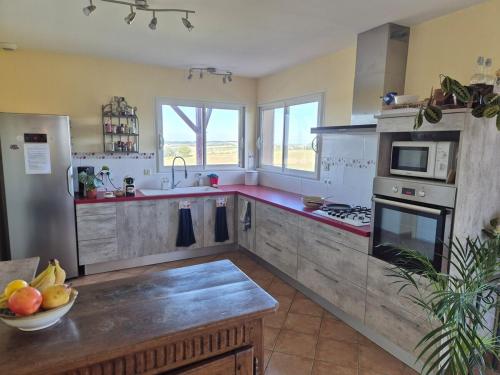 une cuisine avec un évier et une cuisinière four supérieur dans l'établissement Beautiful house with pool table in a green setting, à Lartigue