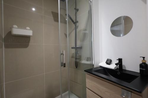 une salle de bain avec une douche en verre et un lavabo dans l'établissement La perle de champagne 4 pers au coeur des vignes, à Jonchery-sur-Vesle