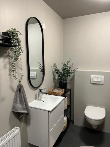 a bathroom with a white sink and a mirror at Ocean View Suite in Ytri-Njarðvík