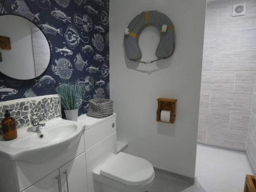 a bathroom with a sink and a toilet and a mirror at Isle 2-Bed Retreat- Sleeps 4 Garden & Games Room in Cowes