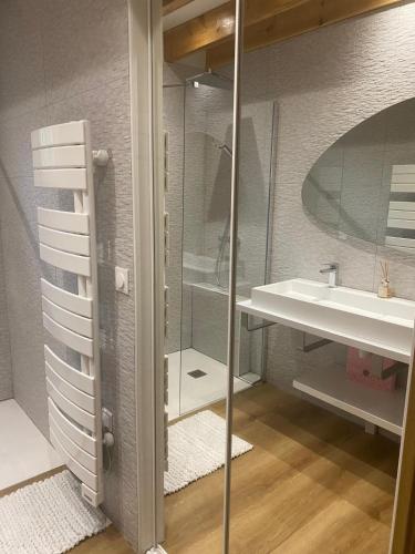 une salle de bain avec un lavabo et un miroir dans l'établissement Maison chaleureuse, à Matemale