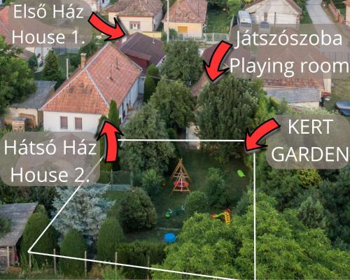 an aerial view of a house with arrows pointing to the houses at Dorci Vendégház - A piece of peace in Cserépfalu