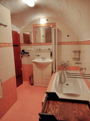 a bathroom with a sink and a bath tub at Pension Nina in Český Krumlov