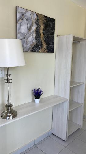 a white shelf with a lamp and a painting at Rooftop in Xilitla