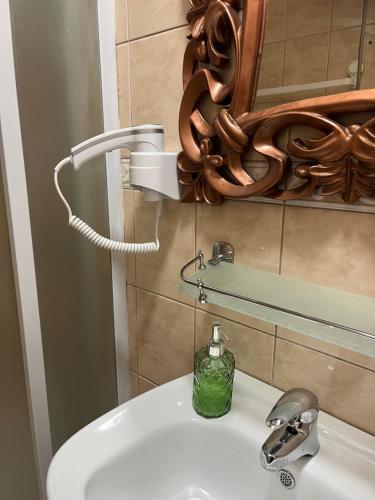 a bathroom sink with a green soap dispenser on it at Guesthouse Vladimir & Ana in Pančevo