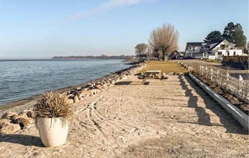 a bench on a beach next to the water at Beautiful Home In Strøby With Wifi in Strøby