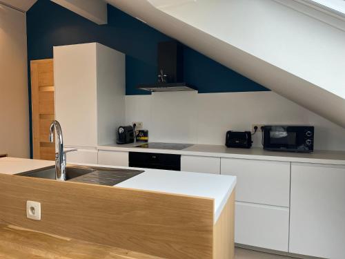 a kitchen with a sink and a counter top at Pit & Lodge in Malmedy