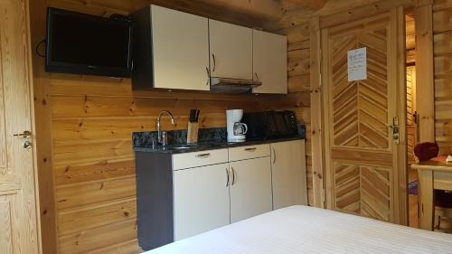 a kitchen with a bed and a television in a cabin at Hôtel Résidence Le Pin Sylvestre Amnéville in Amnéville