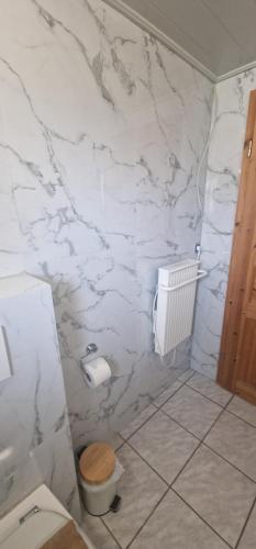 a bathroom with a toilet and a marble wall at Apartment da Luiz Salvatore in Wurmlingen