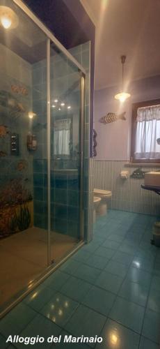 a bathroom with a shower with a glass door at Alloggi Turistici con Piscina Palestra Jacuzzi Sauna - All Inclusive in Anzio