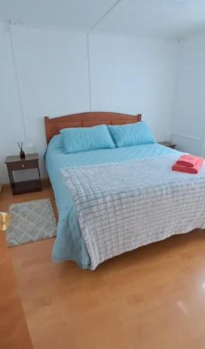 a bedroom with a large bed with blue pillows at Casa full equipada in Punta Arenas