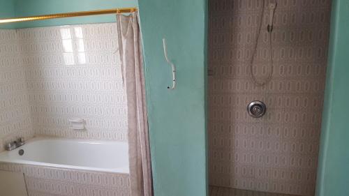 a bathroom with a shower and a white tub at Princess self catering apartments in Kololi