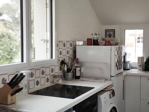 une cuisine avec un comptoir avec un micro-ondes dans l'établissement Charmante Maison Familiale avec Vue Mer à Port Navalo - 8 personnes - FR-1-639-137, à Arzon