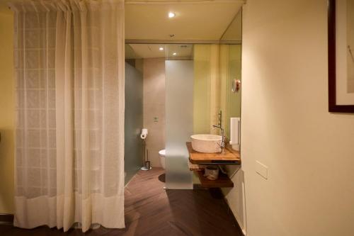 a bathroom with a sink and a toilet and a mirror at Loft El Roure, El Vilosell in El Vilosell