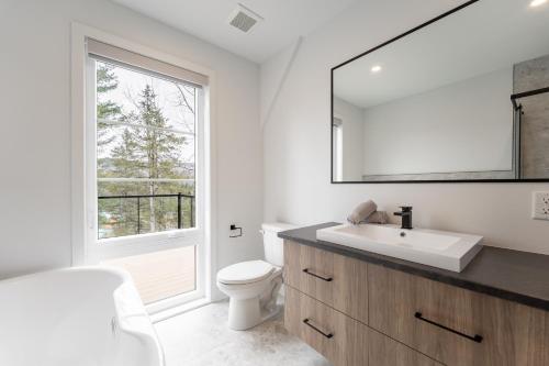 a bathroom with a sink and a toilet and a window at Le Raffine hot tub River Front in Saint Come