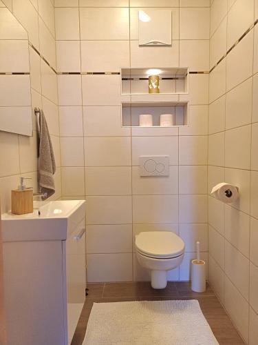 a small bathroom with a toilet and a sink at Ferienwohnung Glashütte in Sankt Michael im Lungau