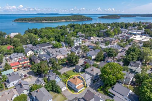 an aerial view of a small town with houses and water at Large 3BR Home in Downtown Bar Harbor! [Eden West] in Bar Harbor