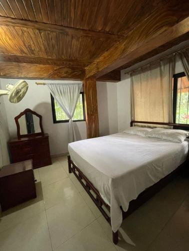 a bedroom with a large bed with a wooden ceiling at Los micos in San Rafael