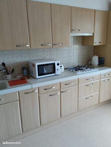 une cuisine avec un four micro-ondes assis sur un comptoir dans l'établissement Maison de campagne dans le vignoble Gallacois, à Gaillac