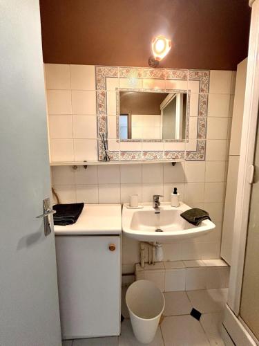 une petite salle de bain avec un lavabo et un miroir dans l'établissement Centre - 80'm du Marché - 2 pers, à Fontainebleau