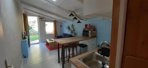 Il comprend une petite cuisine avec un évier et un comptoir. dans l'établissement Petite maison naturelle avec son jardin privé, à Pluvigner