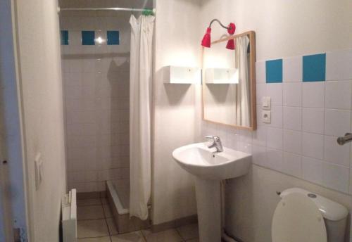 une salle de bain avec un lavabo, des toilettes et un miroir dans l'établissement Résidence Noisica, à Saint-Étienne