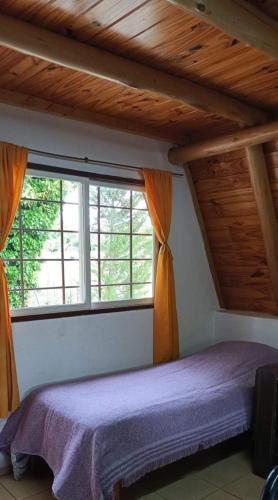 a bedroom with a purple bed and a window at Alpes San Rafael in San Rafael