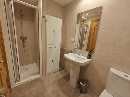 a bathroom with a sink and a shower and a toilet at Apart. Casa Juaneta Pirineo-Ordesa in Broto