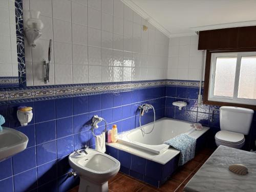 a blue and white bathroom with a tub and a toilet at CASA A BARCELA en San Vicente de O Grove in San Vicente de O Grove