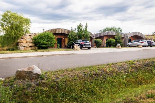 a house with cars parked on the side of a road at LAGOVIDA Dünenhaus Comfort d am Störmthaler See in Großpösna