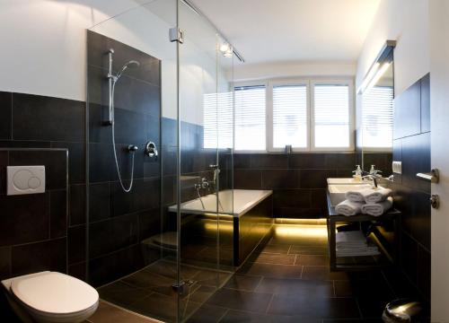 a bathroom with a shower and a toilet and a sink at Arnsteiner Apartments in Zell am See