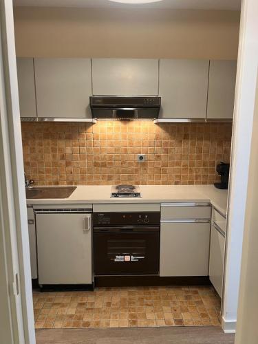 - une cuisine équipée d'un four avec plaques de cuisson en noir et blanc dans l'établissement View of Eiffel Tower Paris 16th arrondissement Trocadero with Terrasse, à Paris