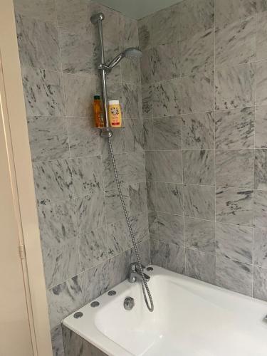 La salle de bains est pourvue d'une baignoire surmontée d'un pommeau de douche. dans l'établissement View of Eiffel Tower Paris 16th arrondissement Trocadero with Terrasse, à Paris