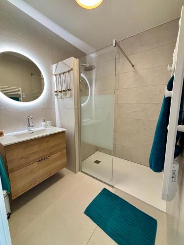 une salle de bain avec une douche, un lavabo et un miroir dans l'établissement A 3 PAS DE LA PLAGE DE SANT'AMBROGGIO, à Lumio