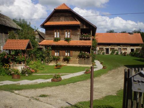 a house with a roof with flowers in the yard at Apartments Iža Na Trem in Čigoč