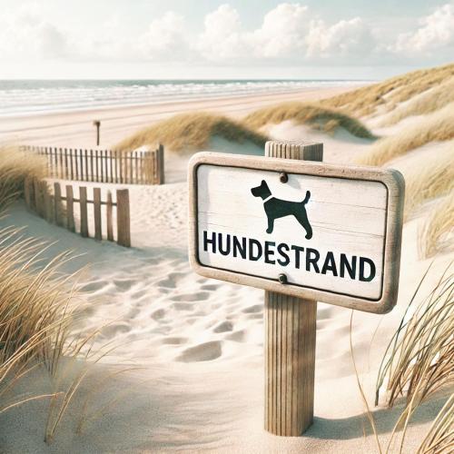 a sign on a beach with a dog on it at Maries Sterntaler Appartement in Schillig