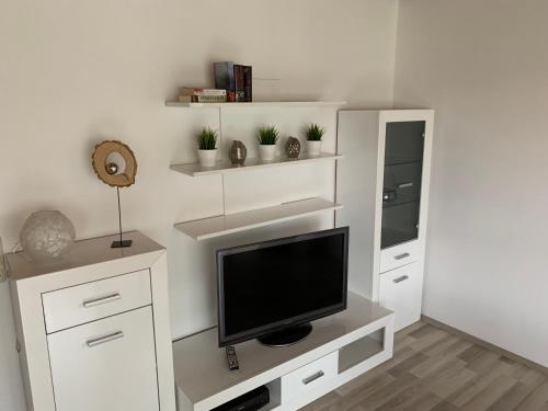 sala de estar con TV y armarios blancos en Ferienwohnung Rhönauszeit, en Stockheim