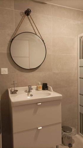 une salle de bain avec un lavabo blanc et un miroir dans l'établissement Gite centre village Burlats, à Burlats