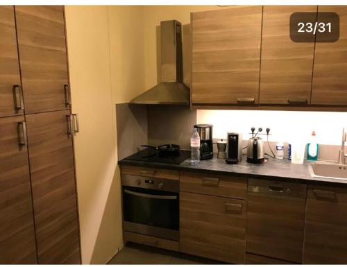 une cuisine avec des armoires en bois et un comptoir dans l'établissement Luxueux pavillon grande suites familiales 4 Pax avec grand jardin et balcon, à Bagneux