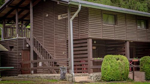 a log cabin with a staircase in front of it at Komáří Louka in Nová Olešná