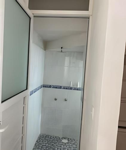 a shower with a glass door in a bathroom at C9 Casas la colmena a 3 min playa alberca 2 rec. in Peñita de Jaltemba