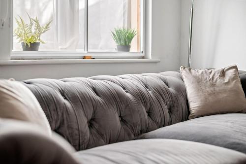 a couch in a living room with two potted plants at Hertford Riverside Retreat and Gym in Hertford